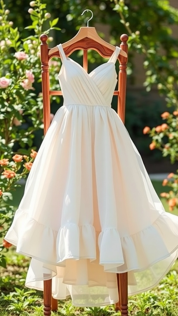 A tea-length dress with a ruffled hem displayed on a wooden hanger in a garden setting.