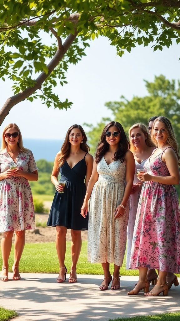 A group of women in tea-length dresses at a summer wedding, enjoying the outdoor scenery.