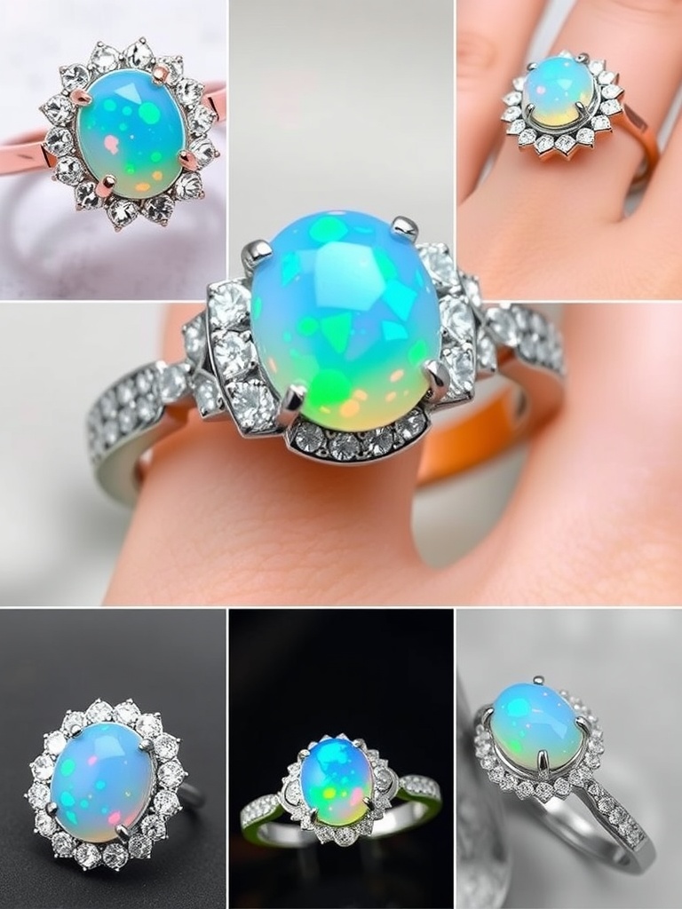 Couples showcasing opal engagement rings with vibrant colors and joyful expressions.