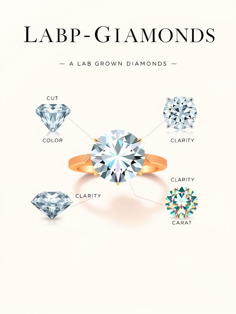 Infographic showing the 4 Cs of diamond quality: cut, color, clarity, and carat for lab-grown diamonds.