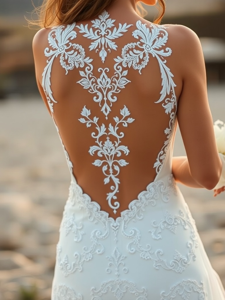 A model wearing a backless wedding dress with intricate lace detailing on the back, highlighting the daring yet elegant design.