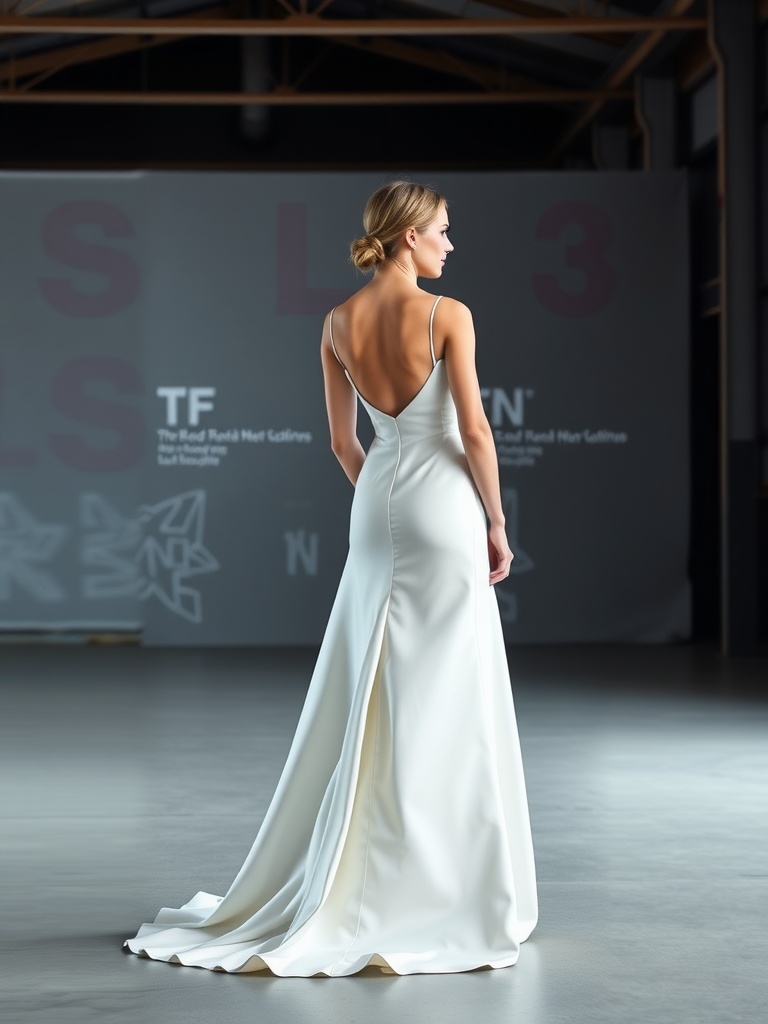 A model wearing a minimalist wedding dress with clean lines and an elegant silhouette.