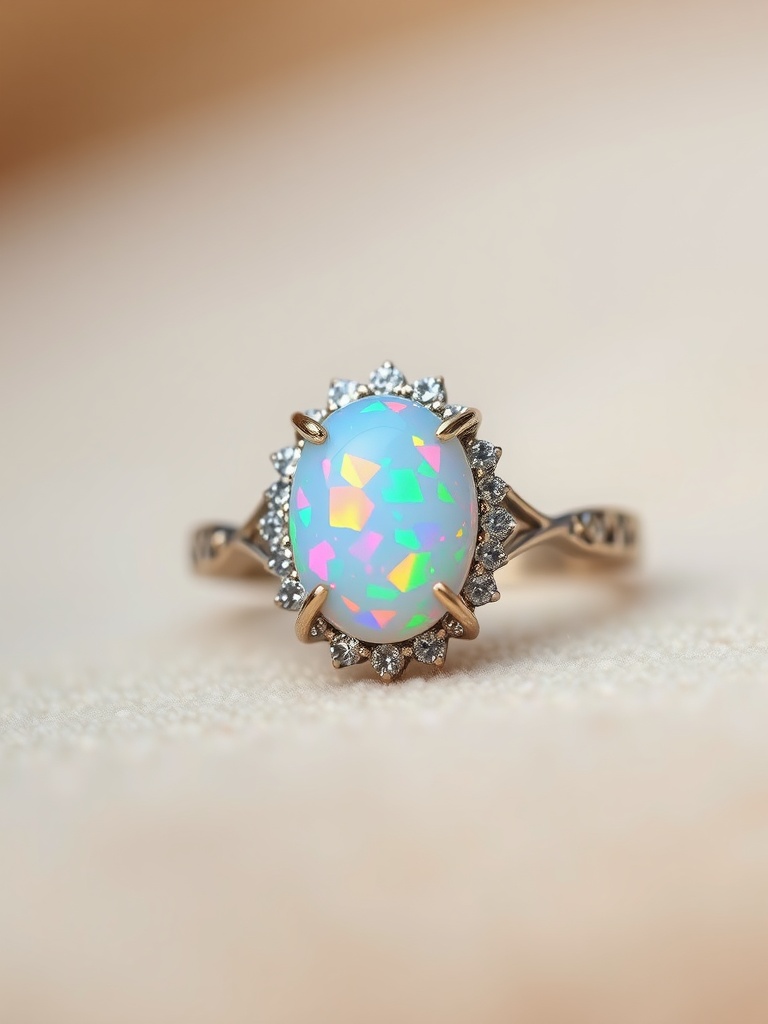 A stunning opal engagement ring featuring an iridescent stone with colorful sparkles