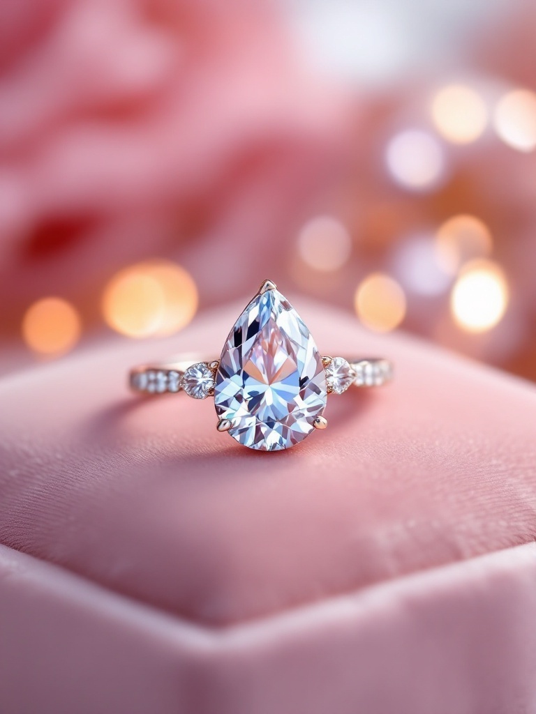 A pear-shaped diamond engagement ring on a pink velvet box, showcasing its unique design and sparkle.