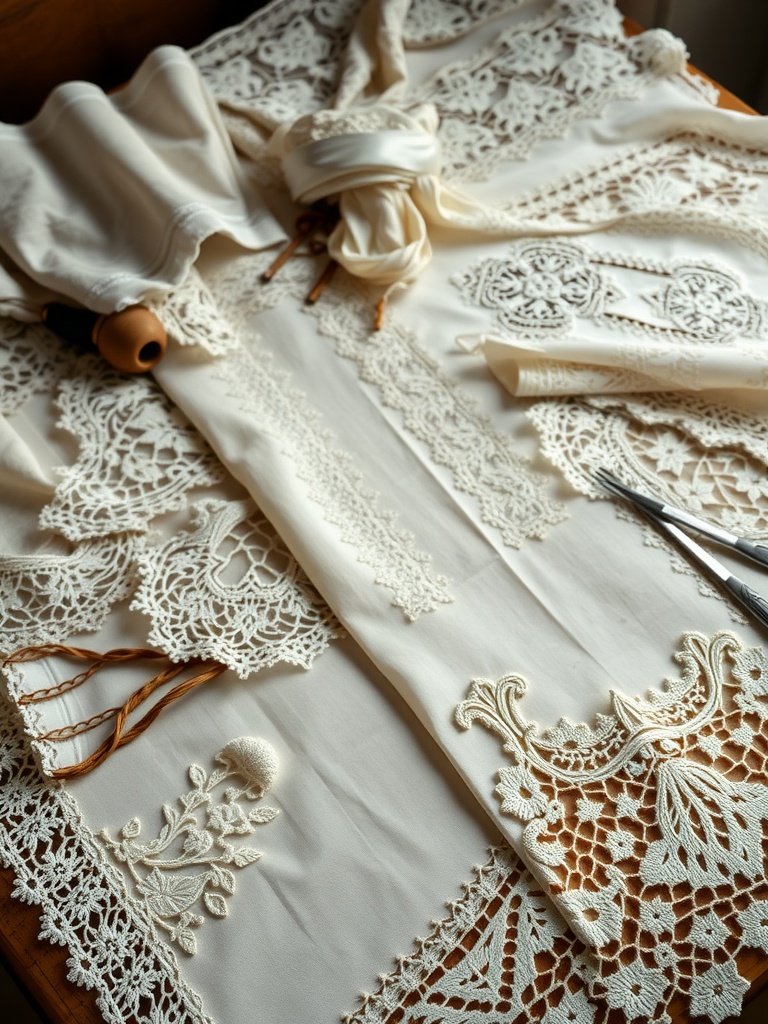 A beautiful arrangement of vintage lace patterns on fabric, showcasing intricate designs and delicate details.