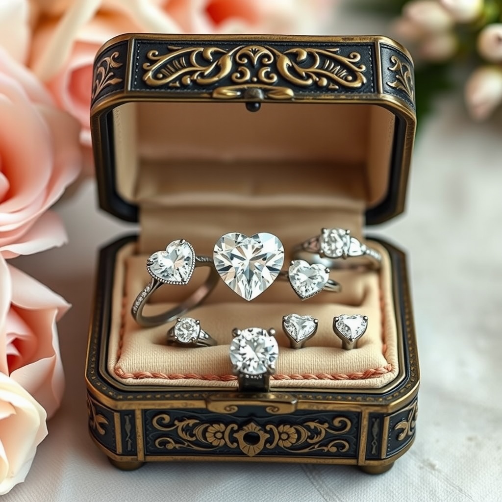 A vintage ring box displaying various heart-shaped diamond engagement rings.