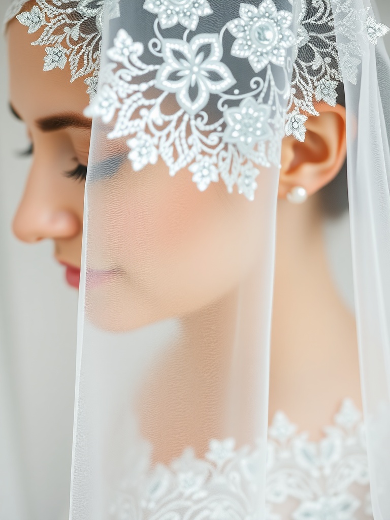 A bride wearing a lace edge veil with intricate embroidery and beading, highlighting her beauty.