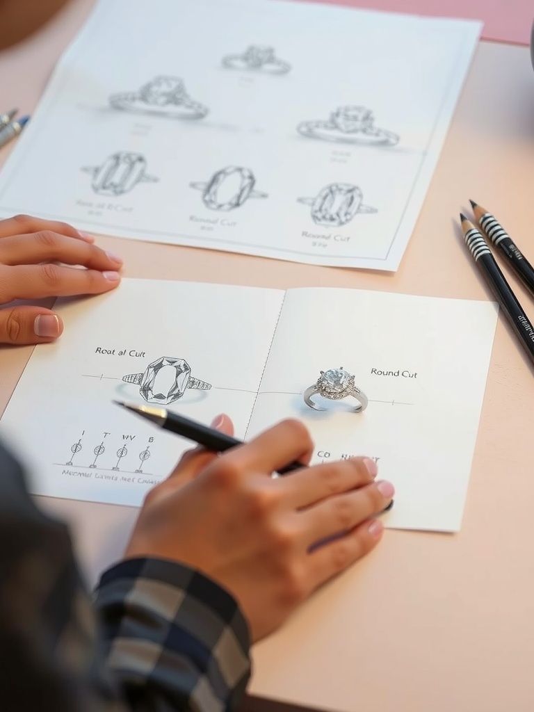 A person sketching different engagement ring designs, focusing on oval and round cuts.