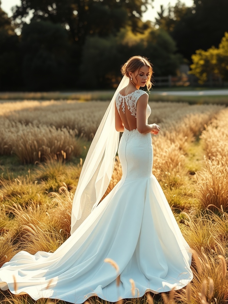 A bride in a fit and flare wedding dress with a train, standing in a field with a veil flowing behind her.
