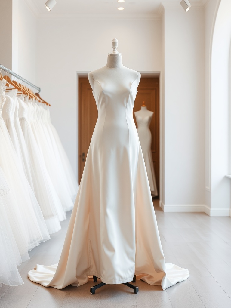 A simple, elegant minimalist wedding dress on a mannequin in a bridal shop.