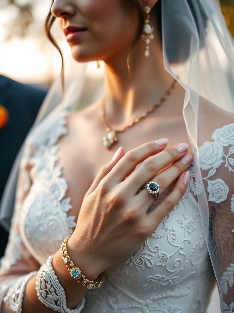 A bride showcasing heirloom jewelry, including a bracelet and ring, complementing her elegant wedding dress.