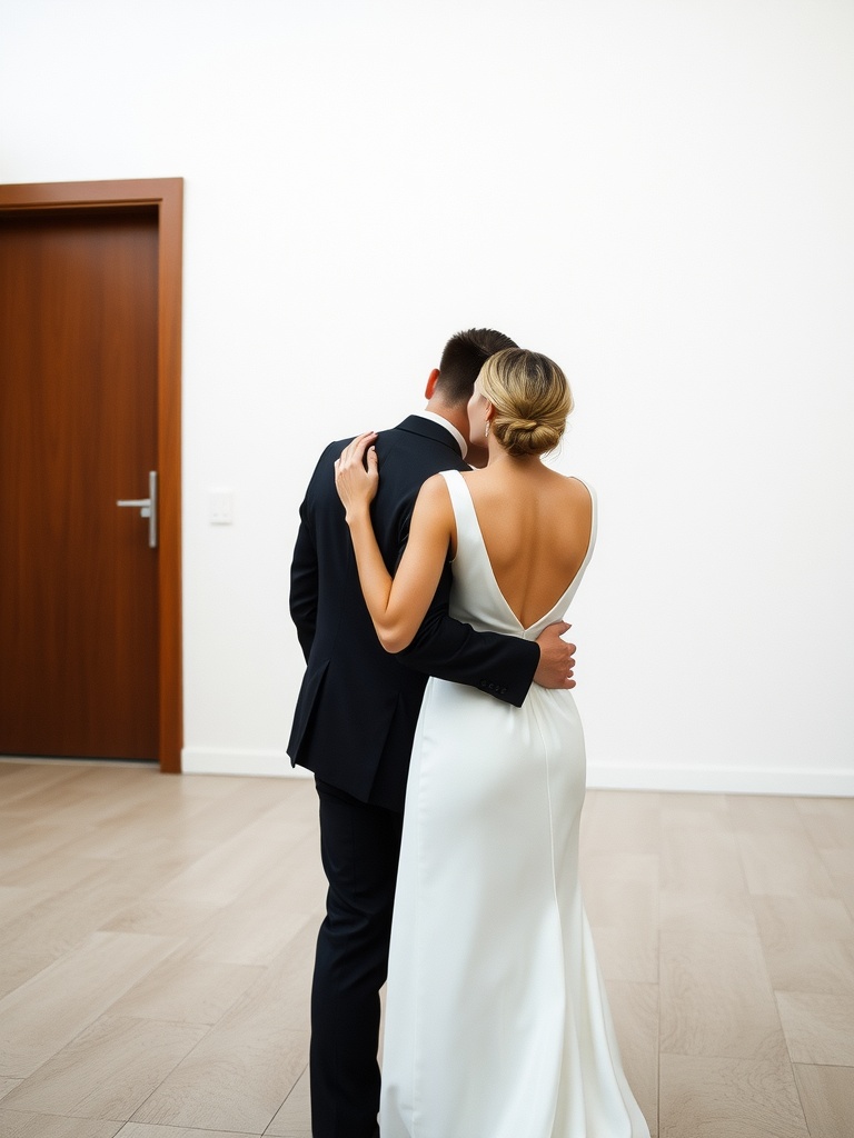 A couple embracing, the bride in a minimalist wedding dress with a simple design.