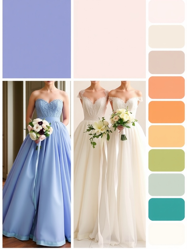 Two brides showcasing colored wedding dresses in pastel colors, representing the evolution of wedding dress styles.