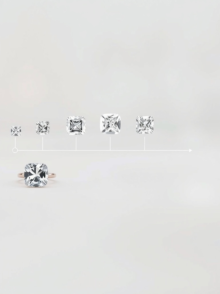 Image showing various sizes of cushion cut diamonds to illustrate their shape and dimensions.