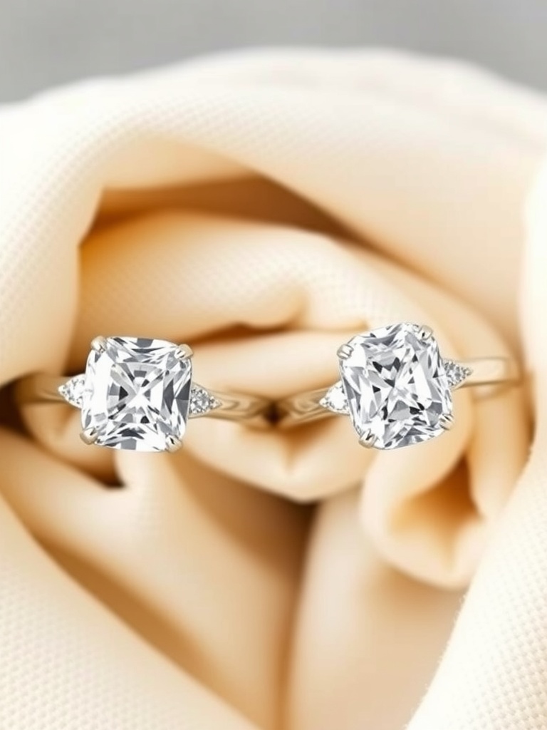 An array of cushion cut engagement rings displayed on soft pink fabric.
