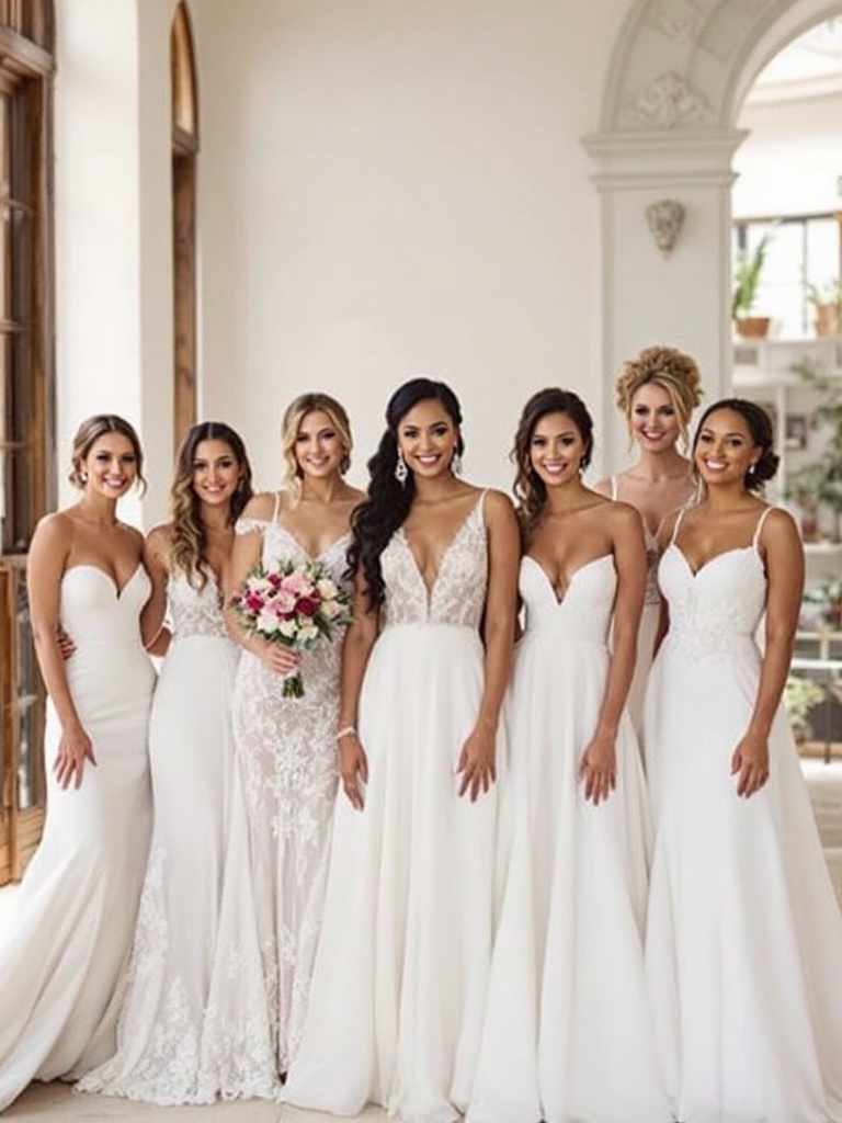 A group of brides wearing various A-line wedding dresses, showcasing different styles and fabrics.