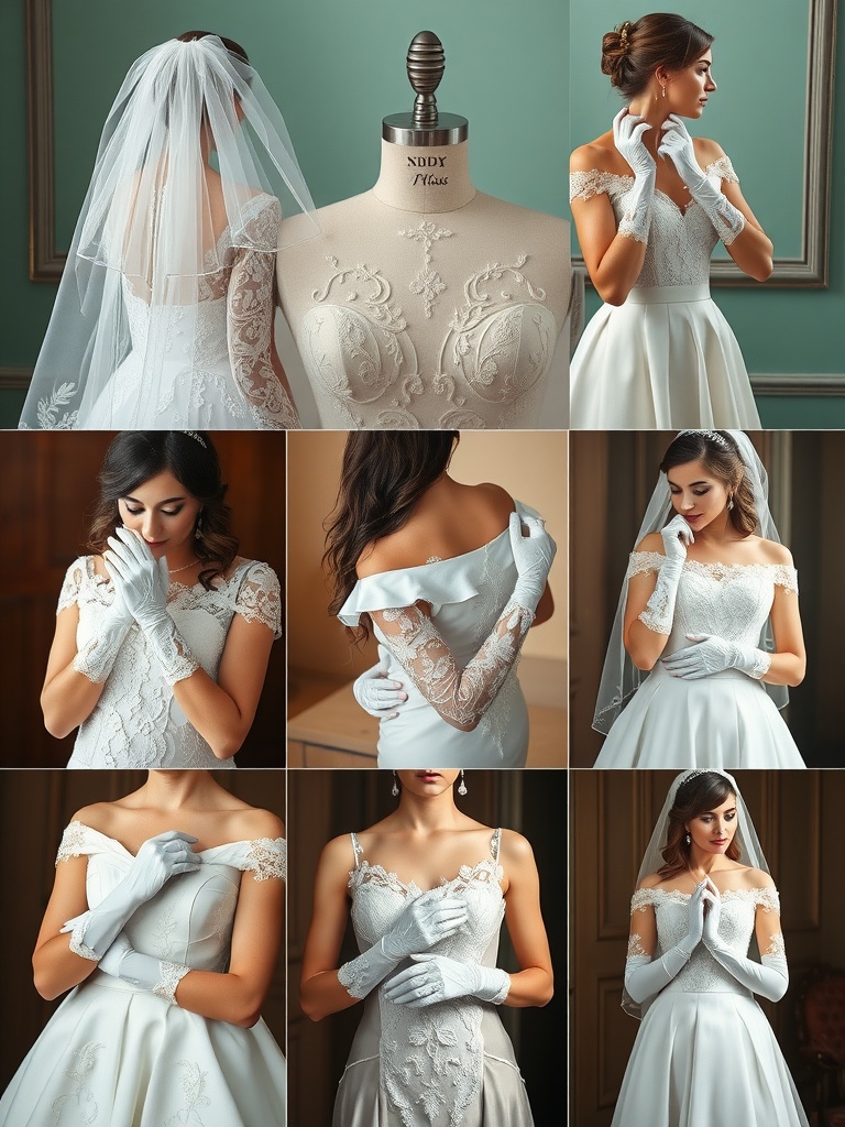 A collage of bridal styles featuring veils and various types of gloves, including lace and satin options.