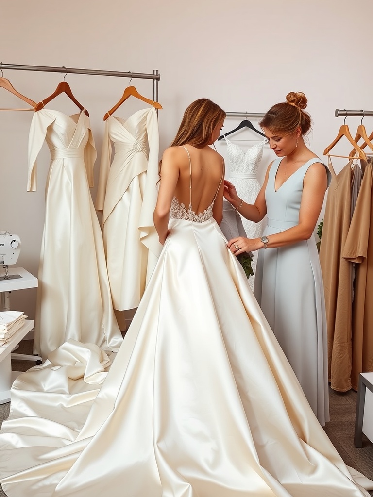 A woman fitting a bride in a silk wedding dress, surrounded by elegant bridal gowns on hangers.