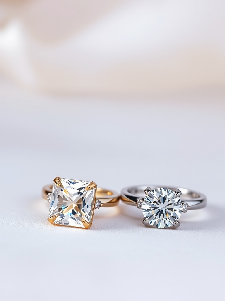 Two cushion cut engagement rings, one in gold and one in silver, showcasing their soft diamond shapes.