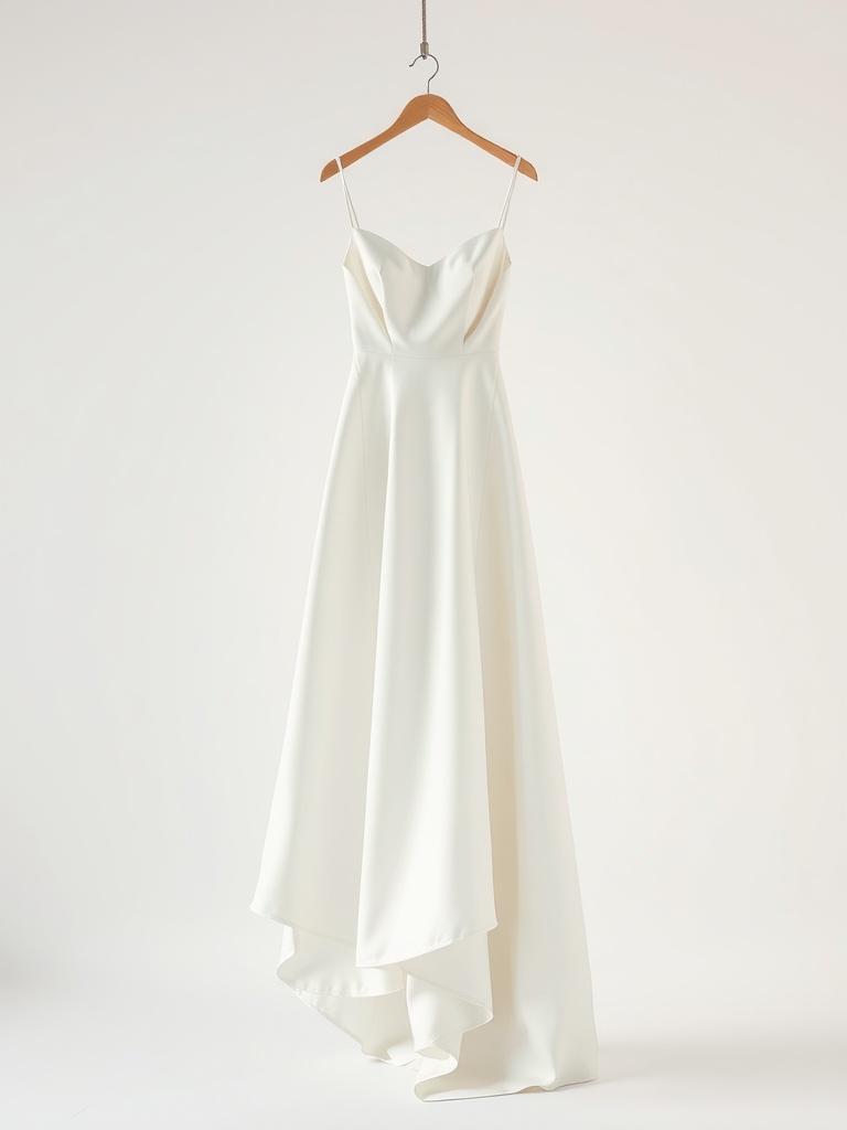 A simple white minimalist wedding dress with clean lines and a chic silhouette hanging on a wooden hanger.