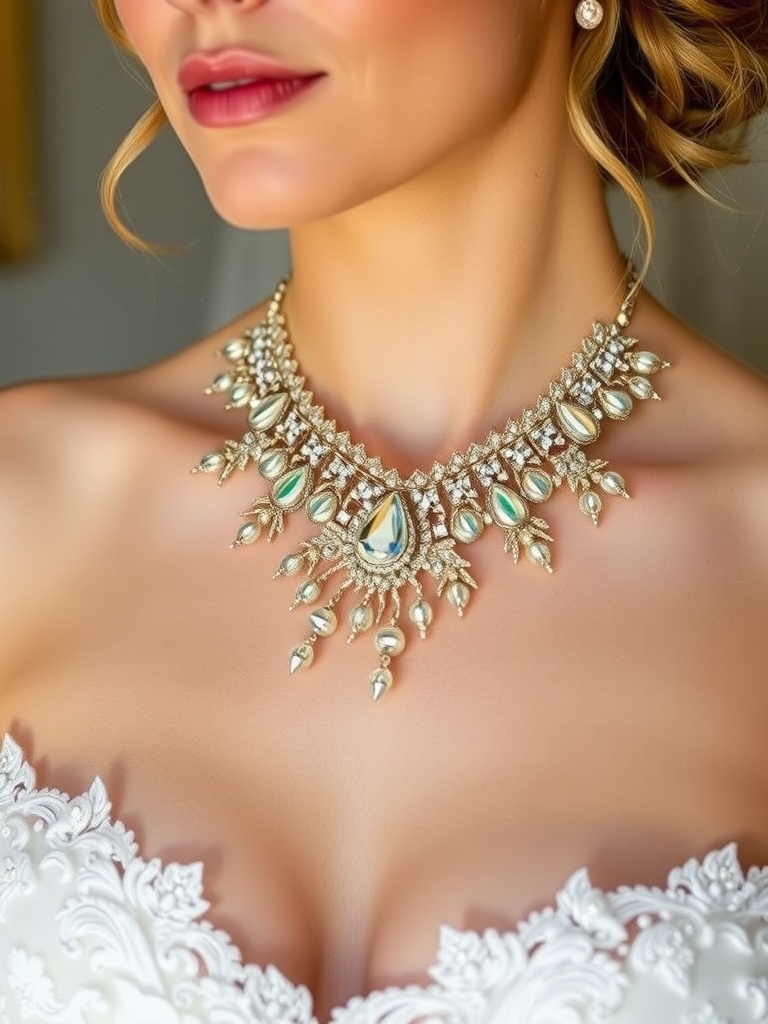 A bridal gown paired with a bold necklace, showcasing statement bridal accessories.