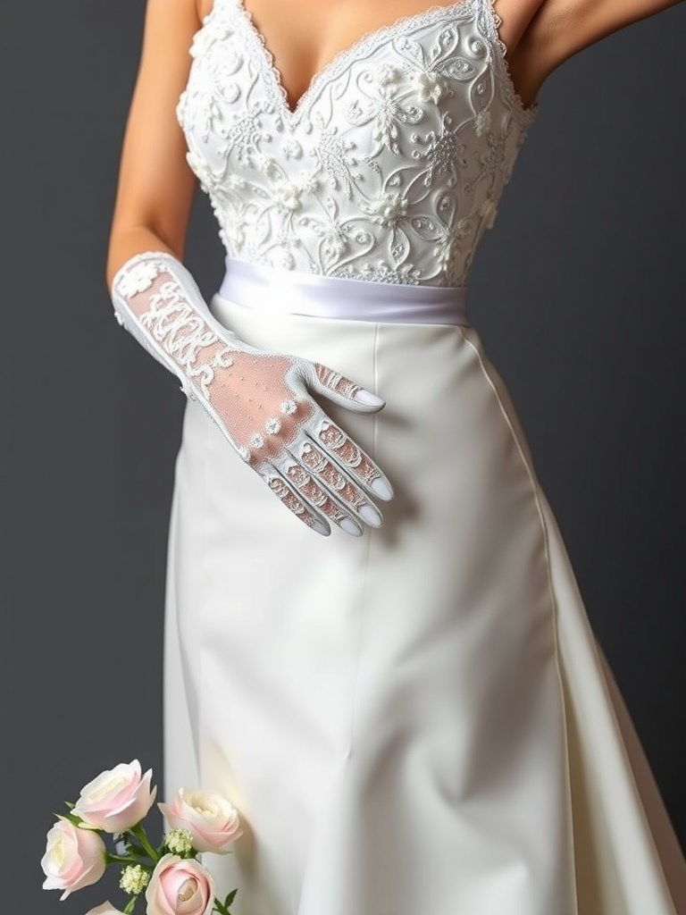 A close-up of a bride's hands wearing elegant lace bridal gloves, showcasing intricate designs and a classic wedding dress.