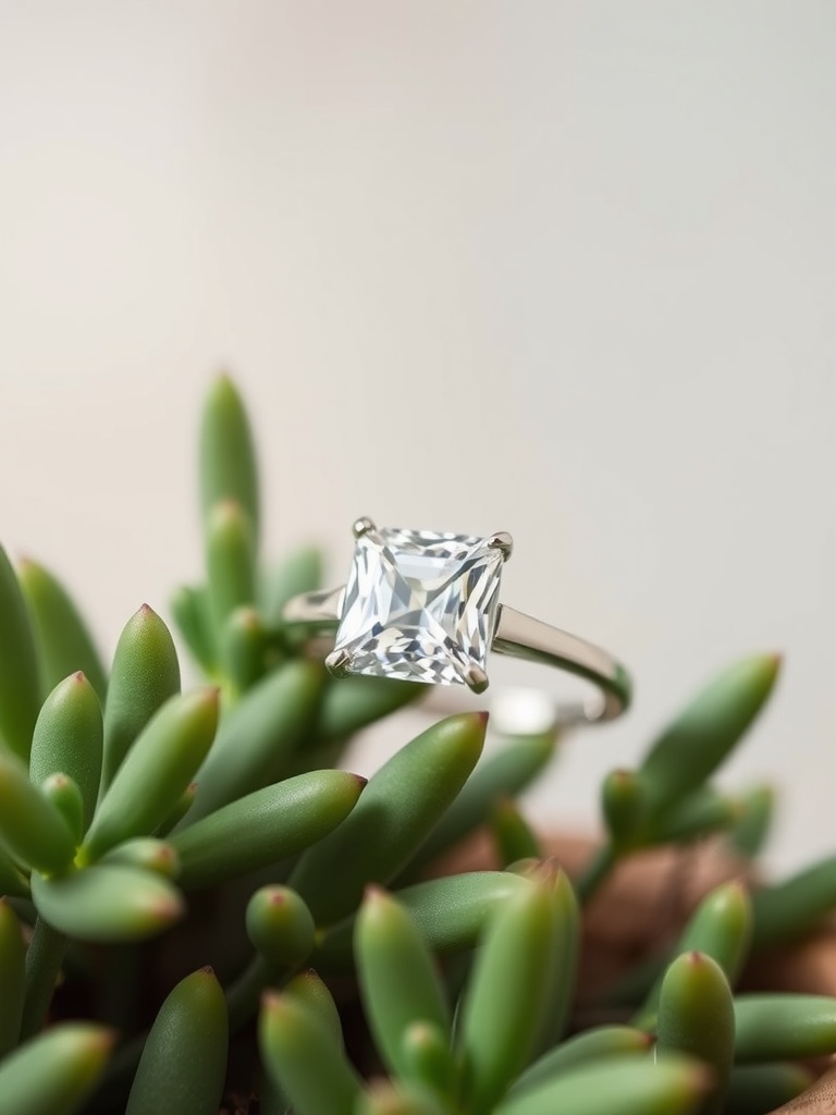 A princess cut diamond engagement ring on a bed of green succulents.