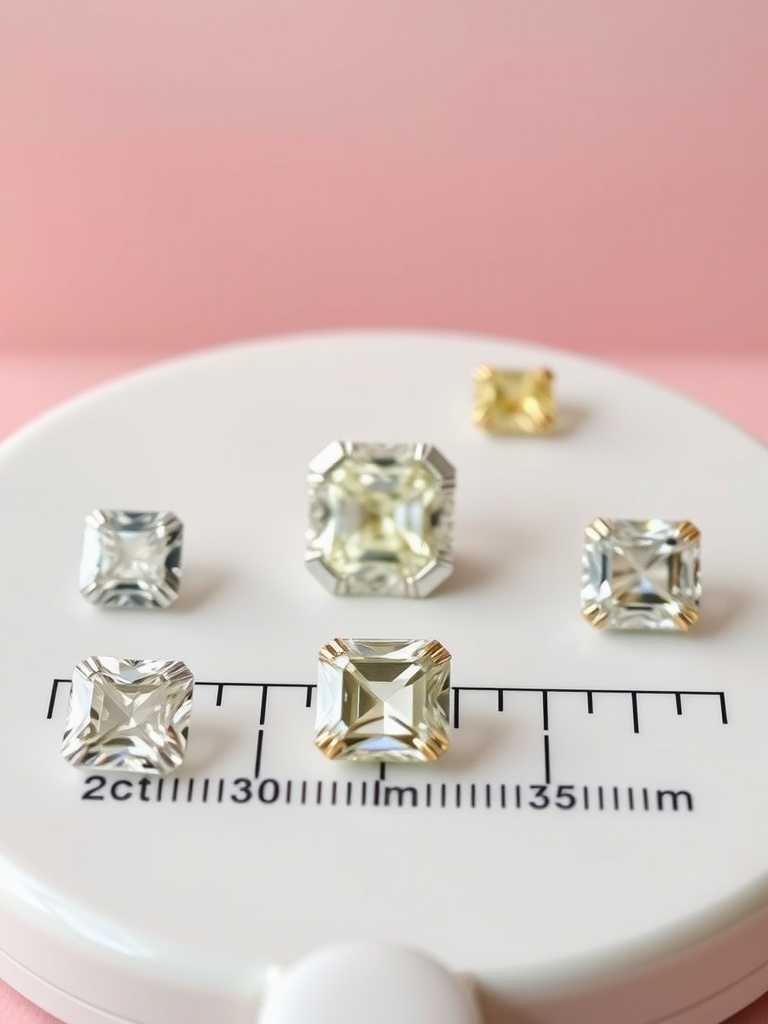 Different cushion cut stones displayed on a light background with a ruler for size reference.