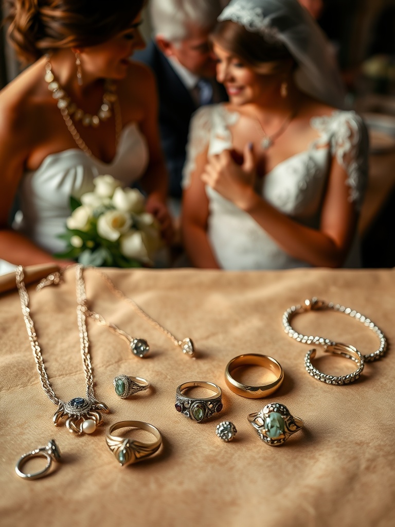 An array of heirloom jewelry pieces laid out with two brides and a bouquet in the background