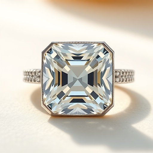 An elegant Asscher cut diamond engagement ring with a square design and intricate band, showcasing vintage charm.