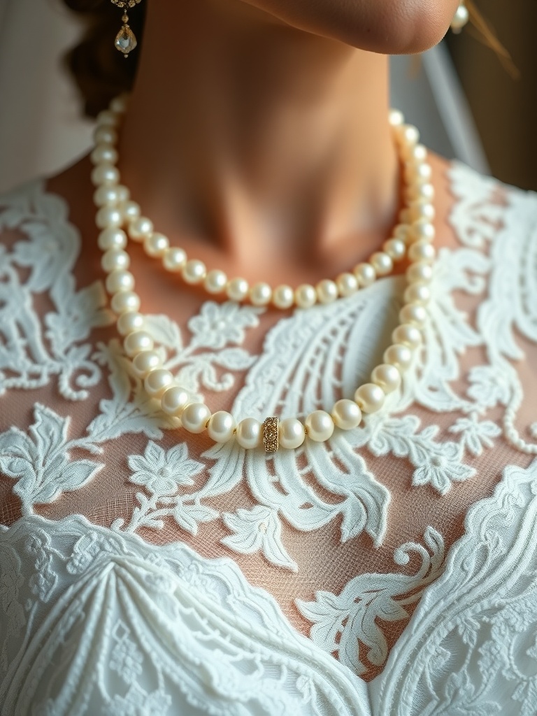 A bride wearing a pearl necklace with a lace dress.
