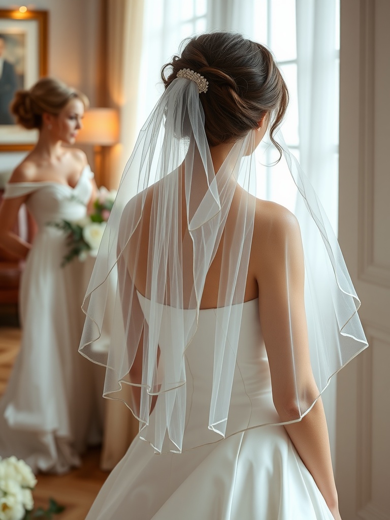 A bride wearing a fingertip veil, showcasing its elegant style and versatility.