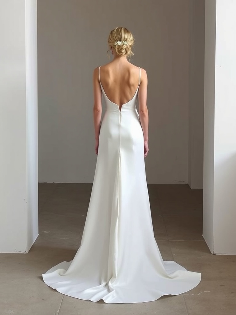 A back view of a minimalist wedding dress with a simple design and open back.