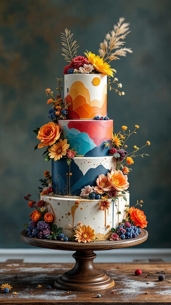 A colorful three-tiered wedding cake with mountain and floral designs.