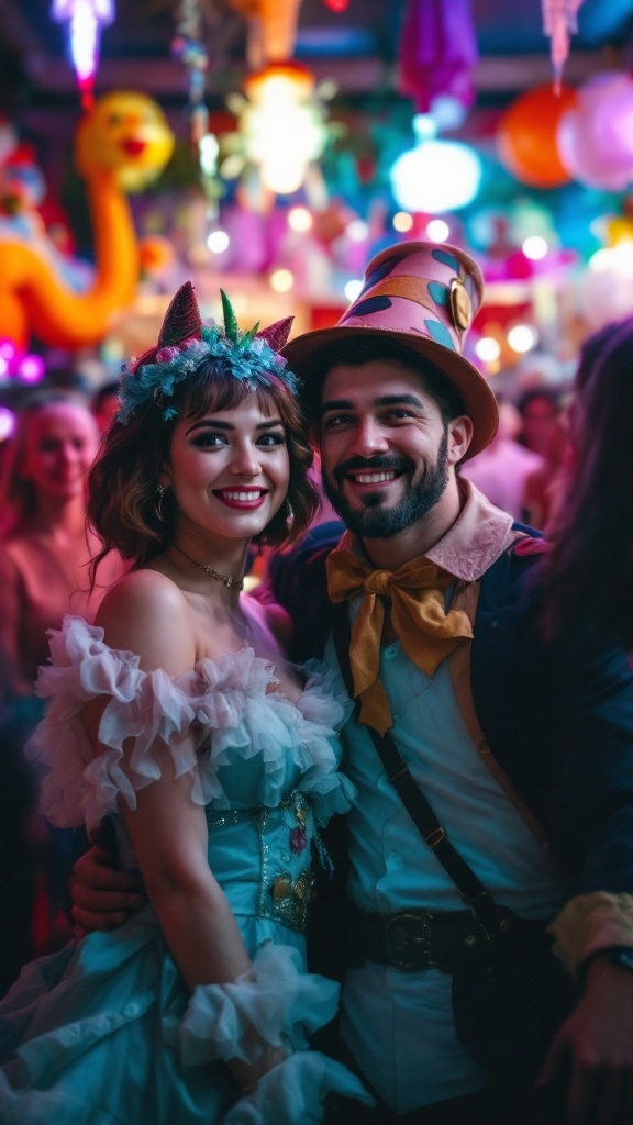 Couple at a themed costume party engagement with colorful lanterns