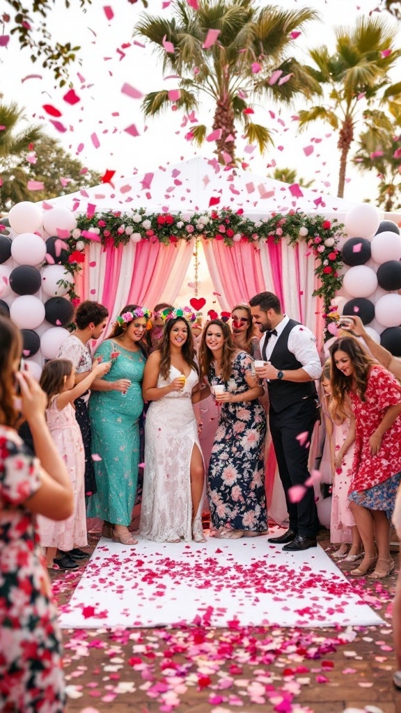 A lively wedding photo booth scene with guests posing and confetti falling around them.