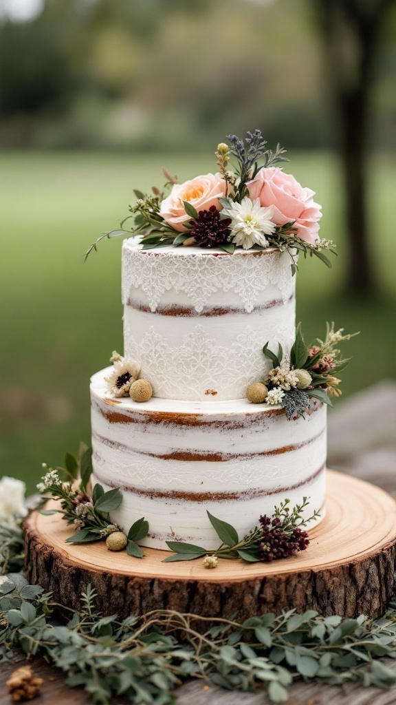 A rustic tiered wedding cake with flowers and greenery on a wooden slice.