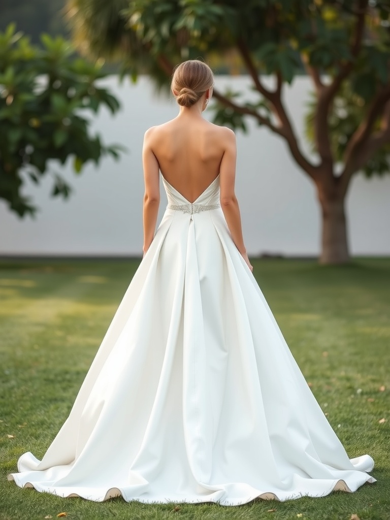 A back view of a minimalist A-line wedding dress with a deep V-back, showcasing clean lines in a serene outdoor setting.