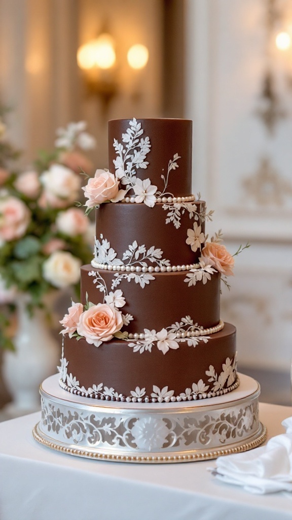 A three-tiered vintage wedding cake with chocolate ganache, decorated with pink roses and white floral piping, set in an elegant venue.
