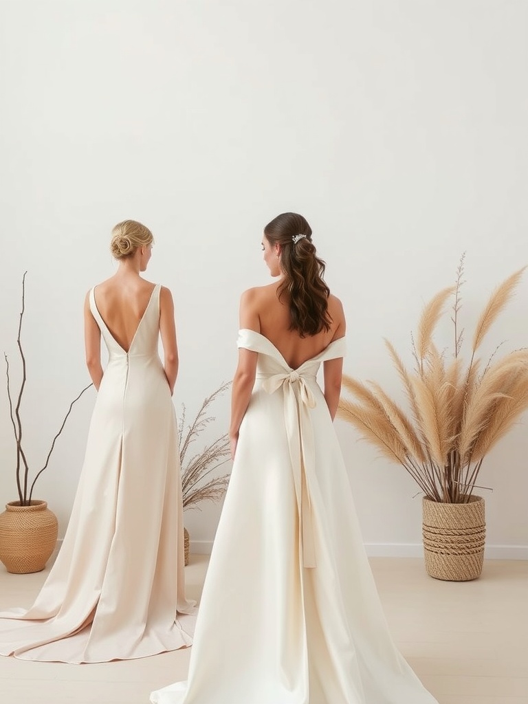 Two women wearing minimalist wedding dresses with simple designs and elegant fabric against a neutral background.