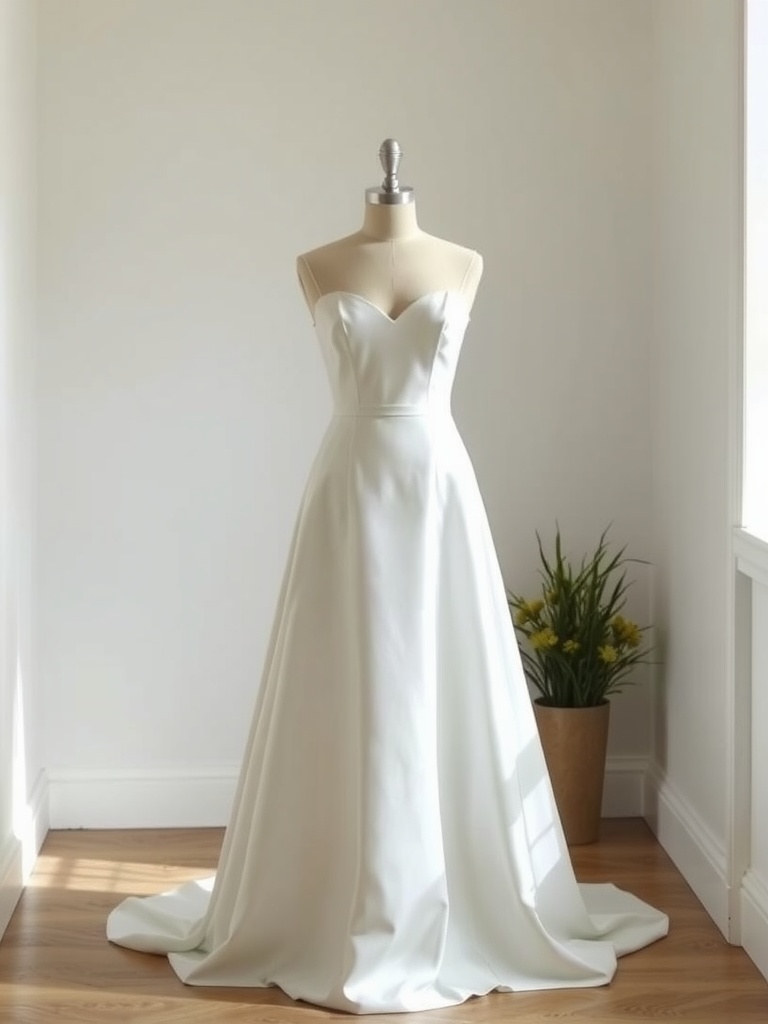 A-line wedding dress displayed on a mannequin in a bright room
