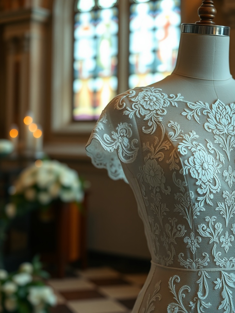 A close-up of a lace wedding dress displayed in a beautifully lit space, showcasing intricate floral details.