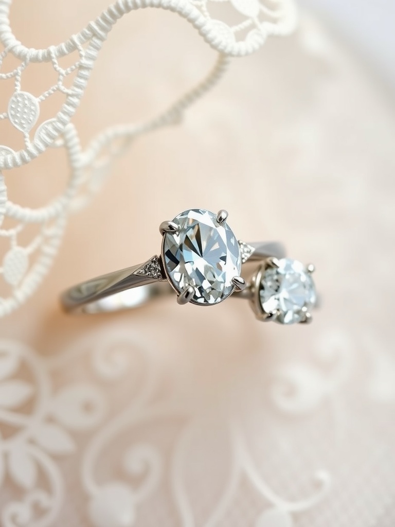An elegant oval engagement ring featuring a large diamond, surrounded by smaller stones, displayed on a delicate lace background.