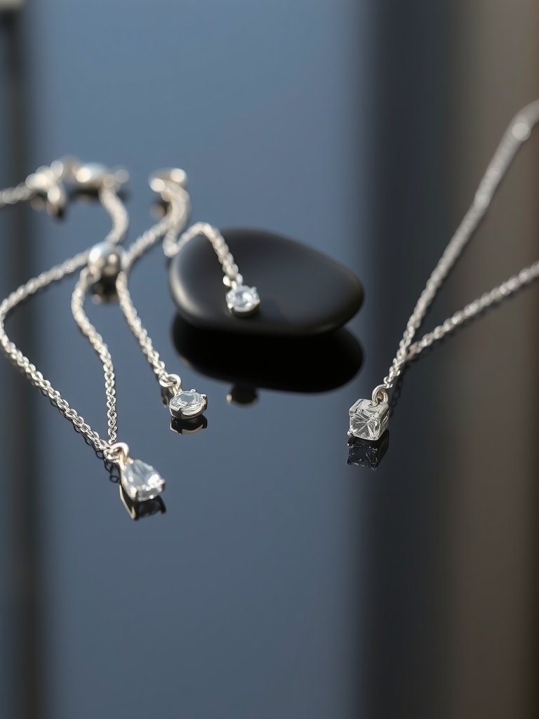 Delicate silver bridal jewelry displayed on a reflective surface