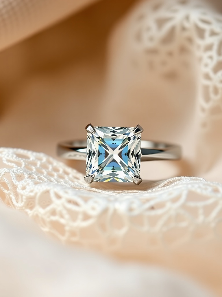A beautiful princess cut engagement ring on a lace fabric.