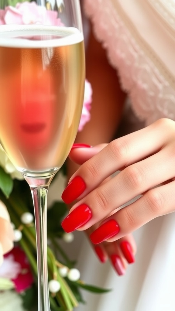 A hand with glossy red nails holding a champagne flute, surrounded by flowers.