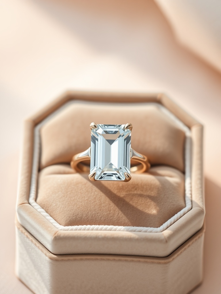 A solitaire emerald cut diamond engagement ring displayed in a plush ring box.