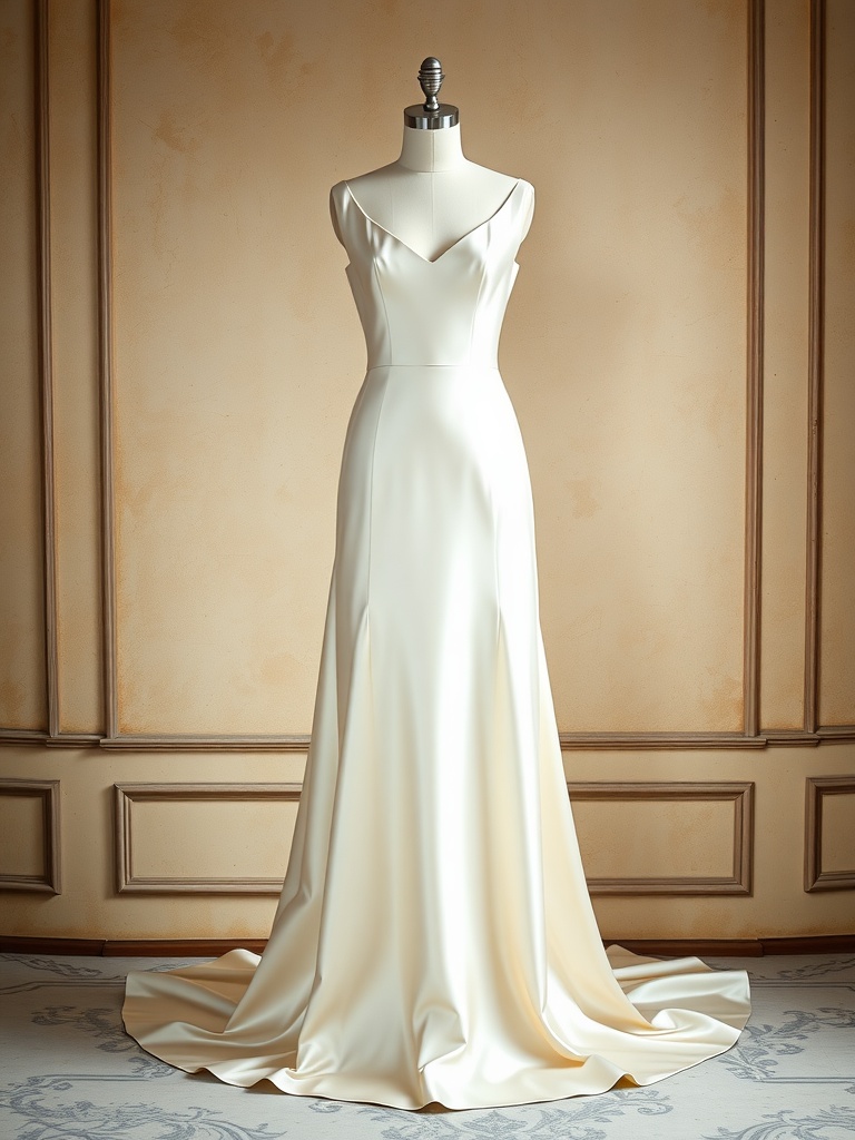 A minimalist silk wedding dress displayed on a mannequin