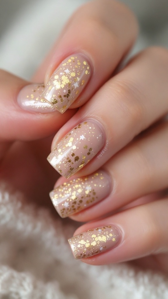 A close-up of elegant pink wedding day nails with a tiny foil flake accent, holding a bouquet of white roses.