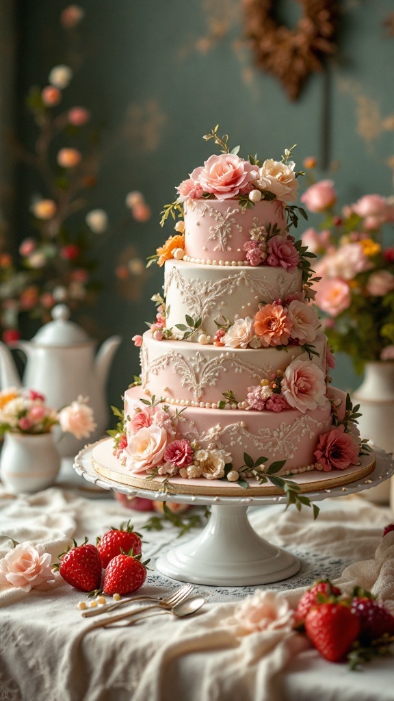 A vintage wedding cake with floral decorations and strawberries, showcasing timeless elegance.